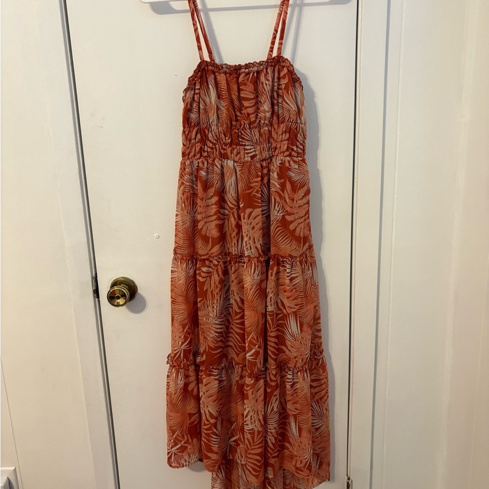 No Boundaries Rust Leaf-Print Tiered Maxi Dress
